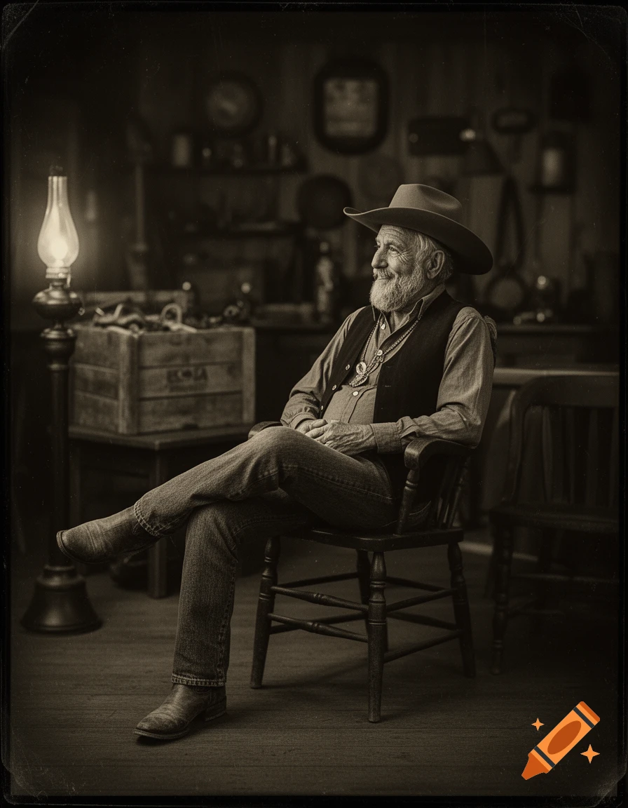 Sepia-toned portrait of an old, bearded cowboy in a hat and vest, sitting relaxed in a vintage saloon setting with an oil lamp.
