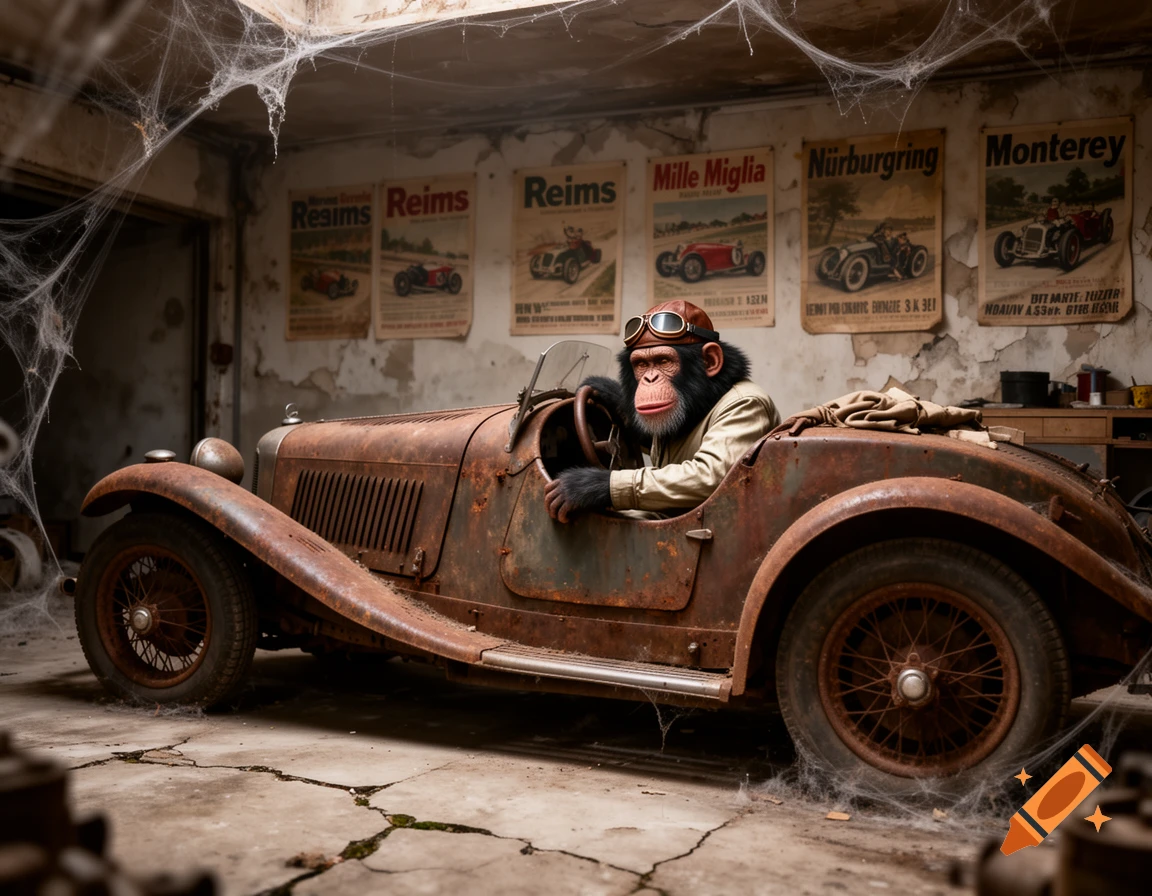 A chimpanzee wearing a flight cap and goggles sits in a rusty vintage race car in a cobweb-filled, dilapidated garage with old racing posters.