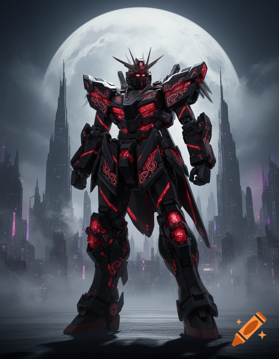 A black and red armored mech stands in a futuristic city under a large full moon, with red glowing details on its body.