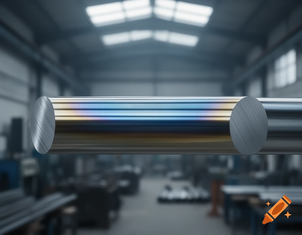 Polished steel bar with blue and gold heat treatment marks, cleanly cut ends, in a blurred factory setting.