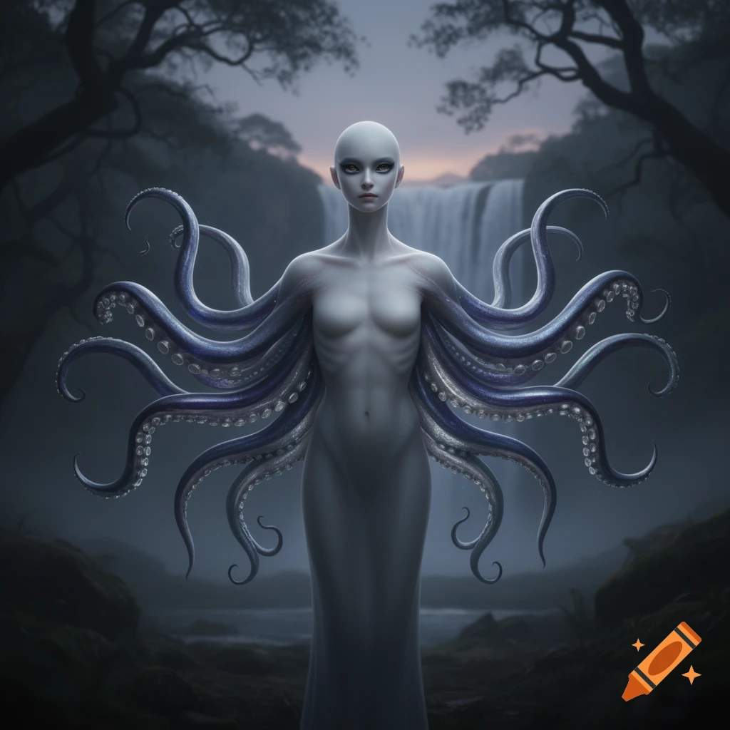 An androgynous, bald, pale humanoid creature with numerous purple tentacles emerging from its back stands in a dark forest before a waterfall under a twilight sky.