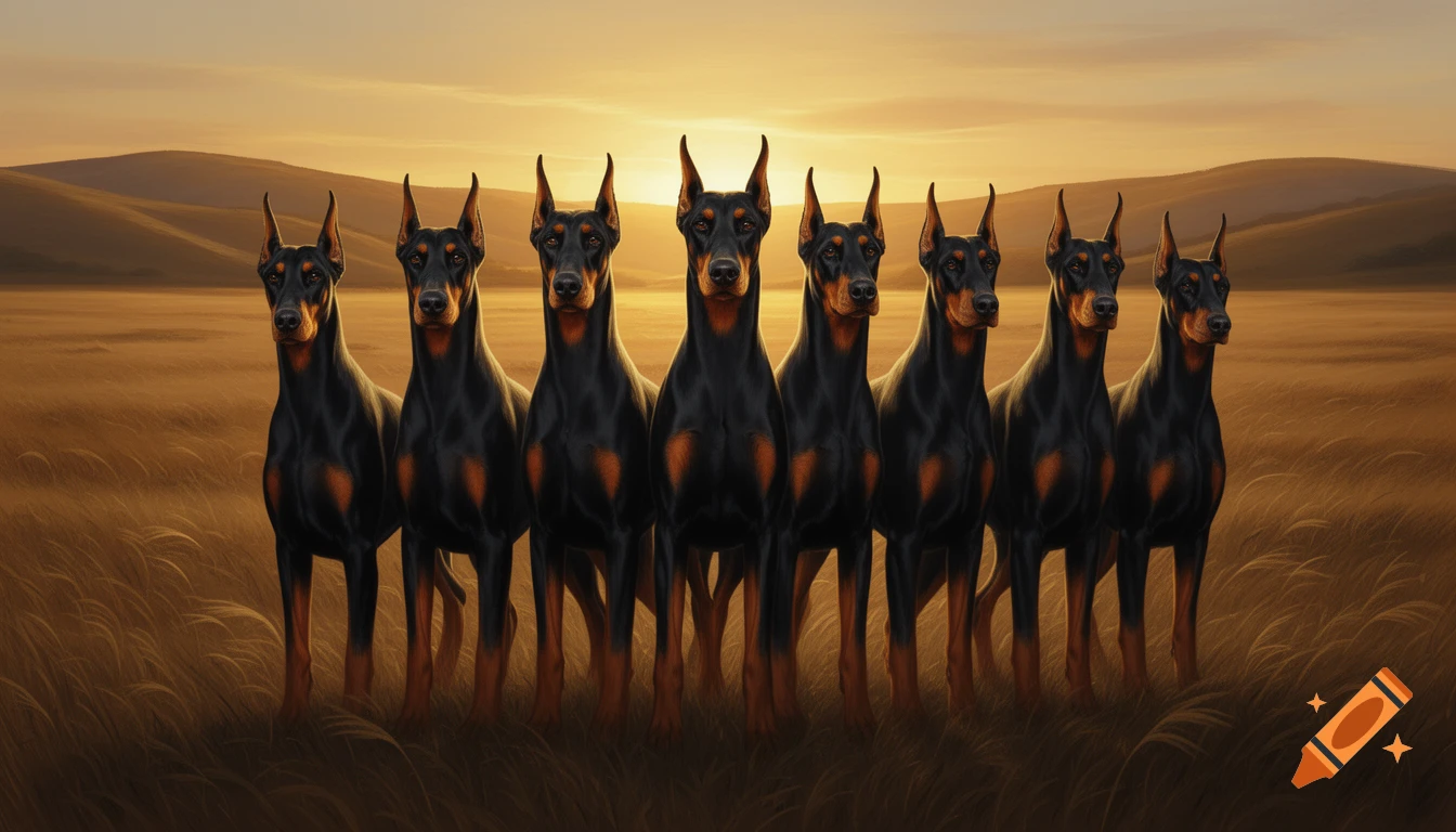 A painting of seven Doberman dogs standing side by side in a field of golden grass at sunset.