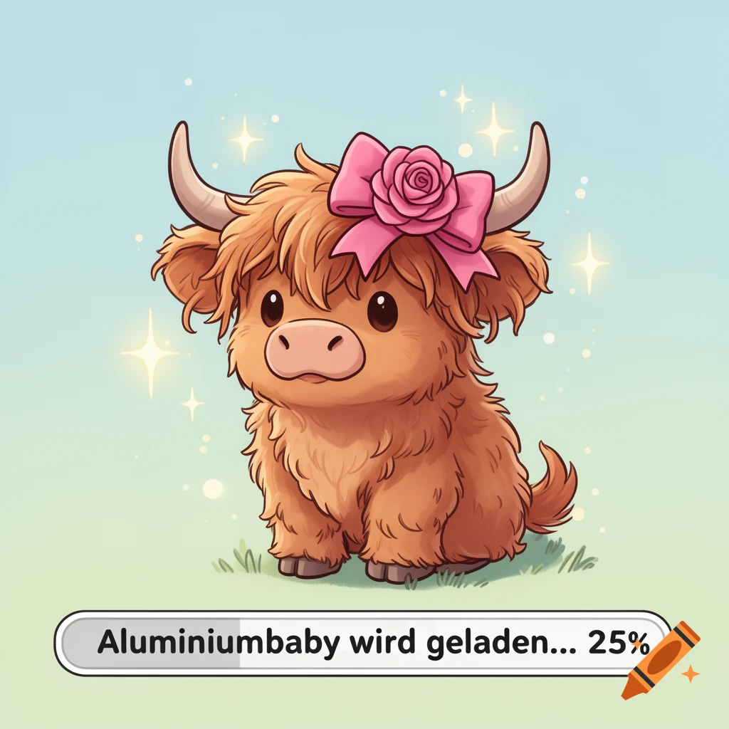 A cute cartoon highland cow calf with a pink rose bow on its head, sitting above a loading bar showing "Aluminiumbaby wird geladen... 25%".