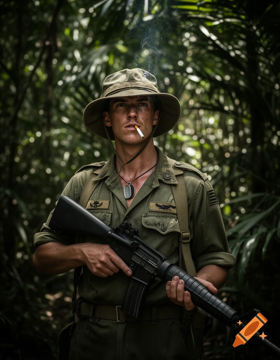 A photorealistic image of a soldier in a Vietnam War-era uniform, holding a rifle and smoking a cigarette in a dense jungle.
