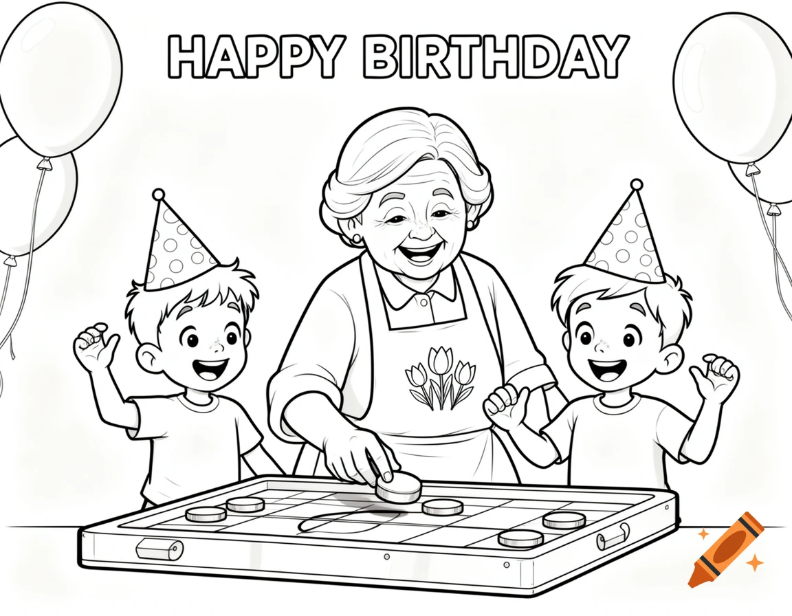 Black outline coloring page of a grandmother and two boys in party hats playing a board game under "HAPPY BIRTHDAY" text and balloons.
