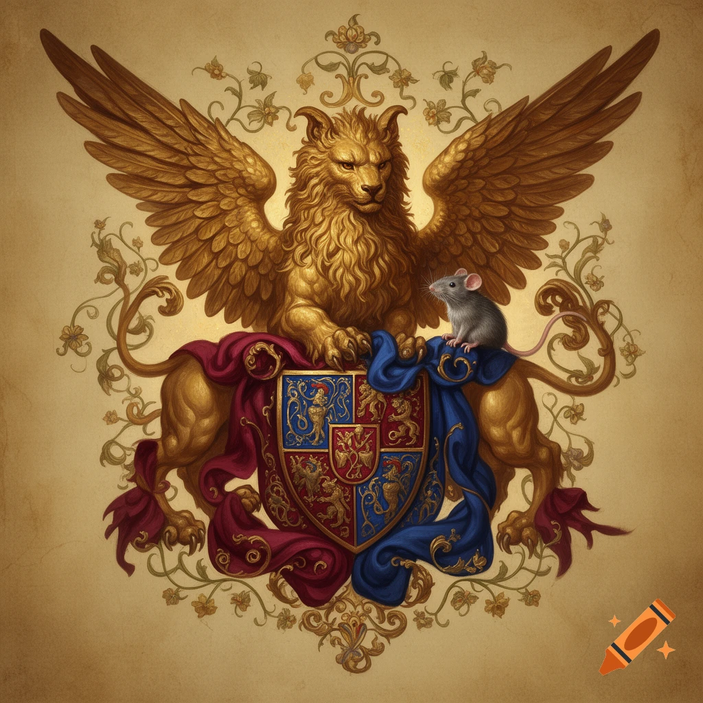 Golden griffin holding an ornate red and blue coat of arms, with a small gray mouse, in a medieval book illustration style.