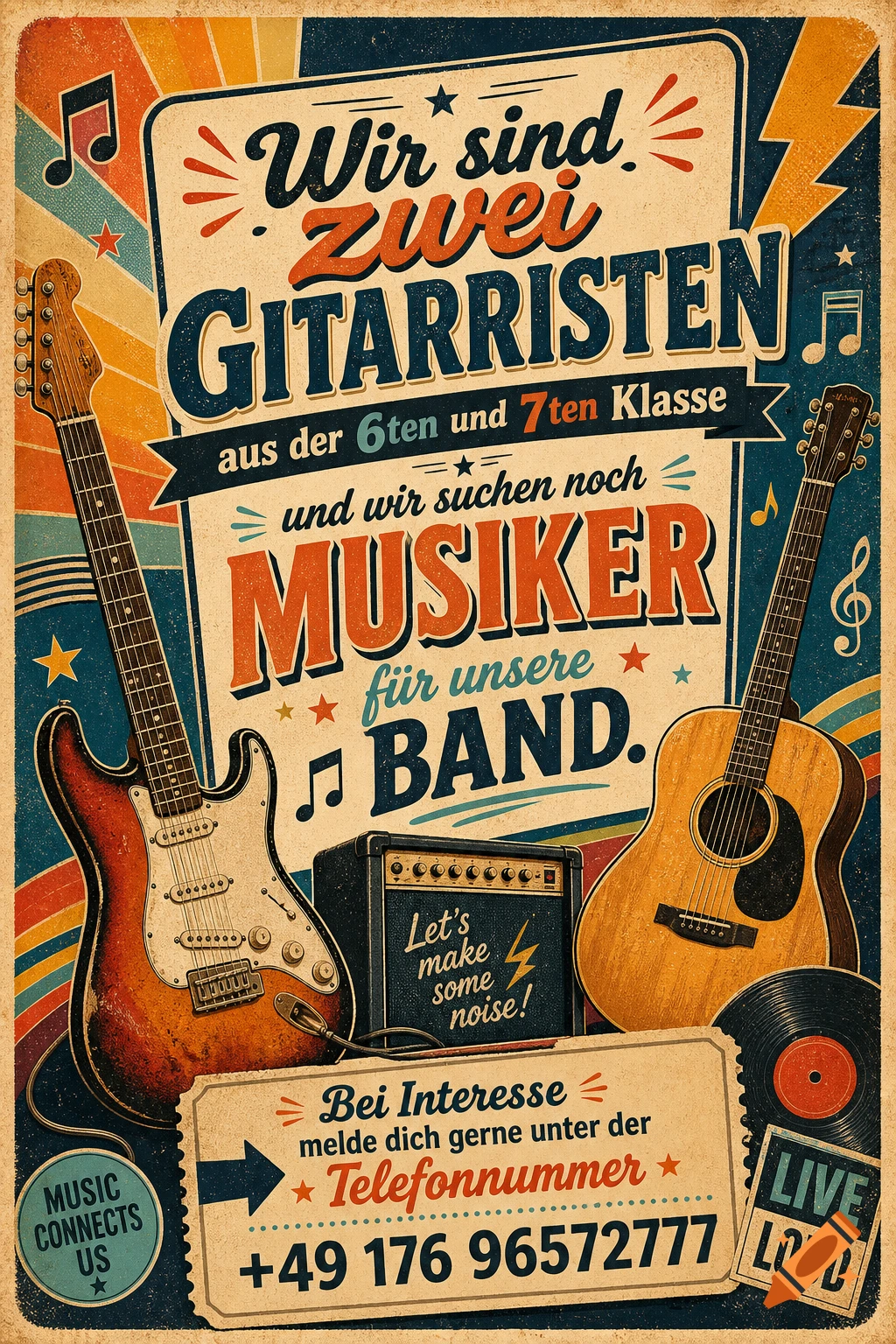 A vintage-style poster for a band, featuring two guitars, an amplifier, and text in German seeking musicians.