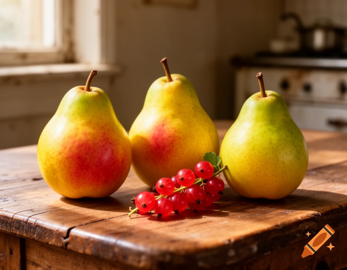 Three photorealistic pears and a sprig of redcurrants sit on a rustic wooden table in a sunlit room.
