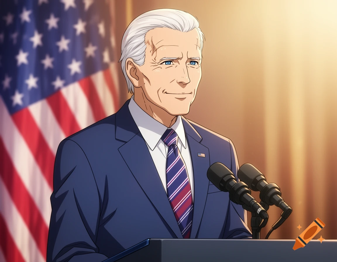 An anime-style portrait of Joe Biden standing at a podium with an American flag in the background.