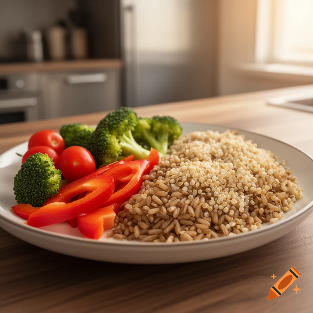 A plate of broccoli, cherry tomatoes, red bell pepper slices, quinoa, and brown rice sits on a wooden kitchen counter.