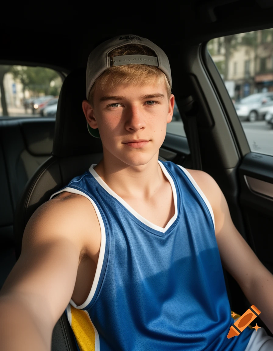 A blonde young man in a blue tank top and backward gray baseball cap takes a selfie in a car. Photorealistic style.