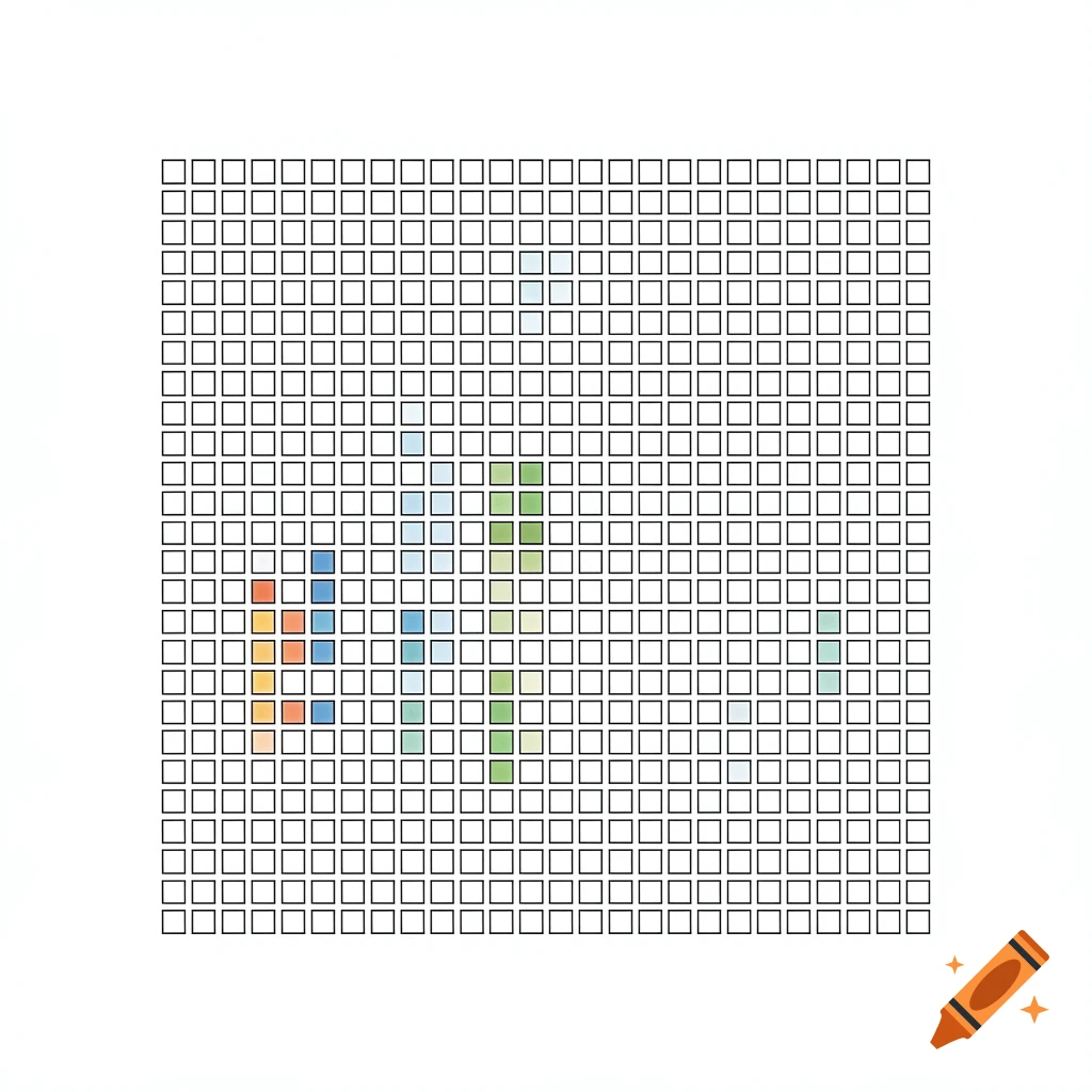 A 17x17 grid of black-bordered squares, with some squares colored in shades of orange, blue, and green, forming a sparse pattern.