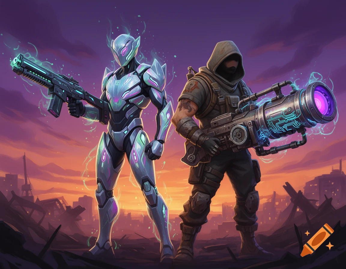Two armed characters, one in glowing futuristic armor and one in tactical gear, stand in a ruined cityscape under a purple and orange sky.
