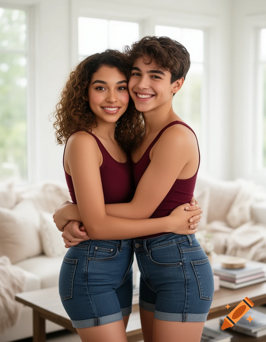 Two smiling young individuals with diverse features hug each other warmly in a bright, modern living room.