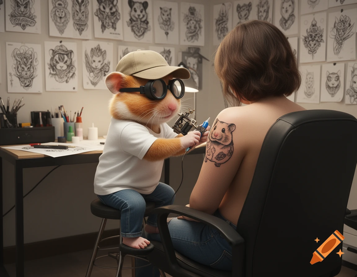 A photorealistic hamster, wearing a cap and goggles, tattoos a hamster portrait onto a person's bare shoulder in a studio filled with drawings.