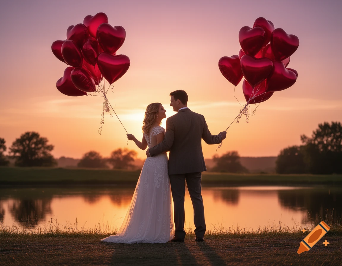 A photorealistic image of a bride and groom embracing at sunset, holding red heart balloons by a calm lake.