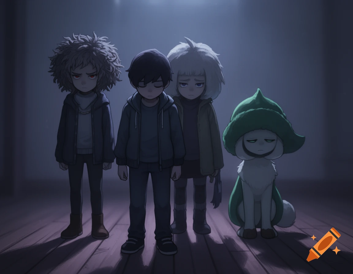 Four sad-looking anime characters, three humanoid and one dog-like, stand in a dark, moody room with light from above.