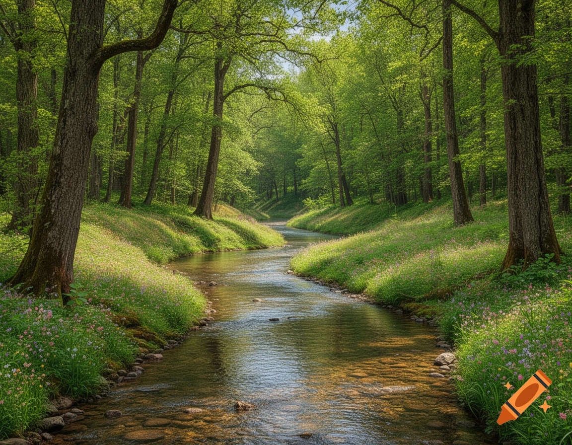 A tranquil, photorealistic scene of a clear river winding through a vibrant green forest, with sunlit banks and lush trees.