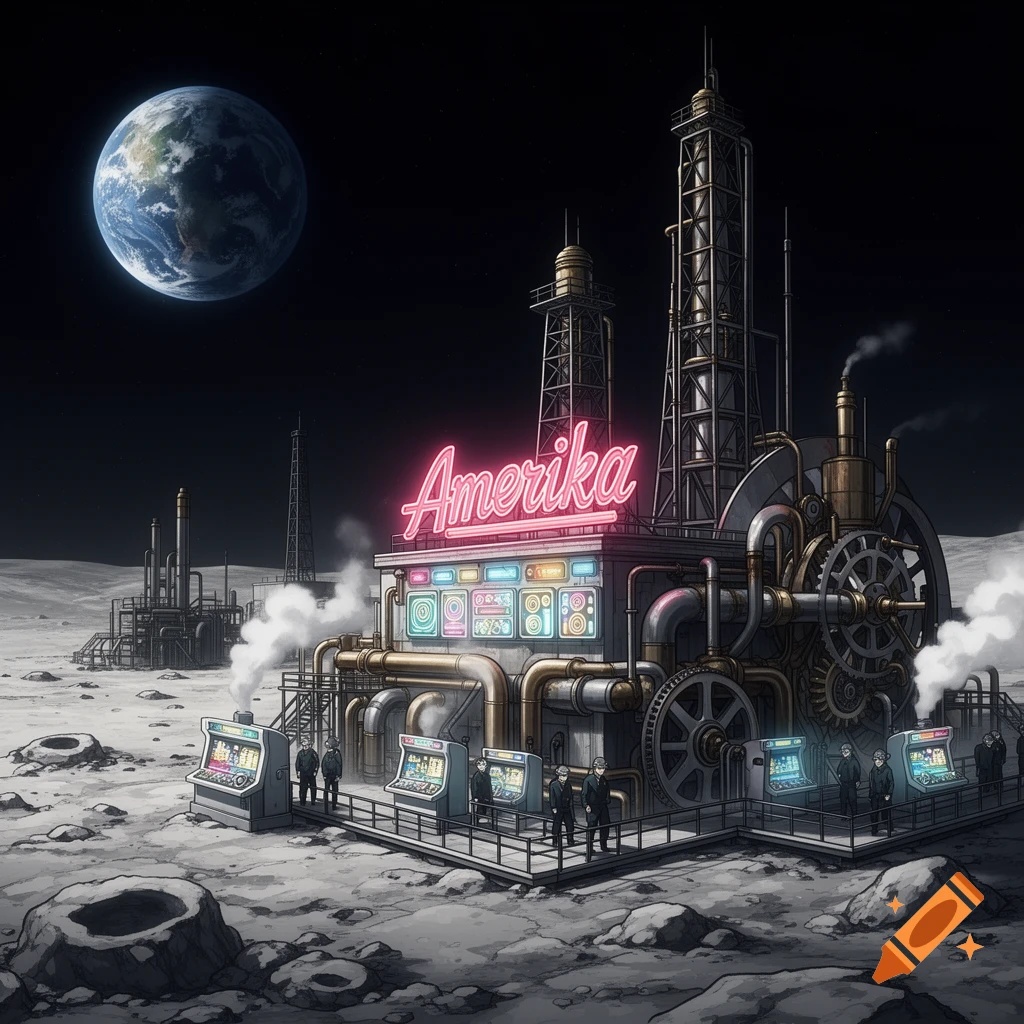 A steampunk-style oil refinery operates on the moon, featuring a glowing neon 'Amerika' sign and Earth visible in the dark sky.