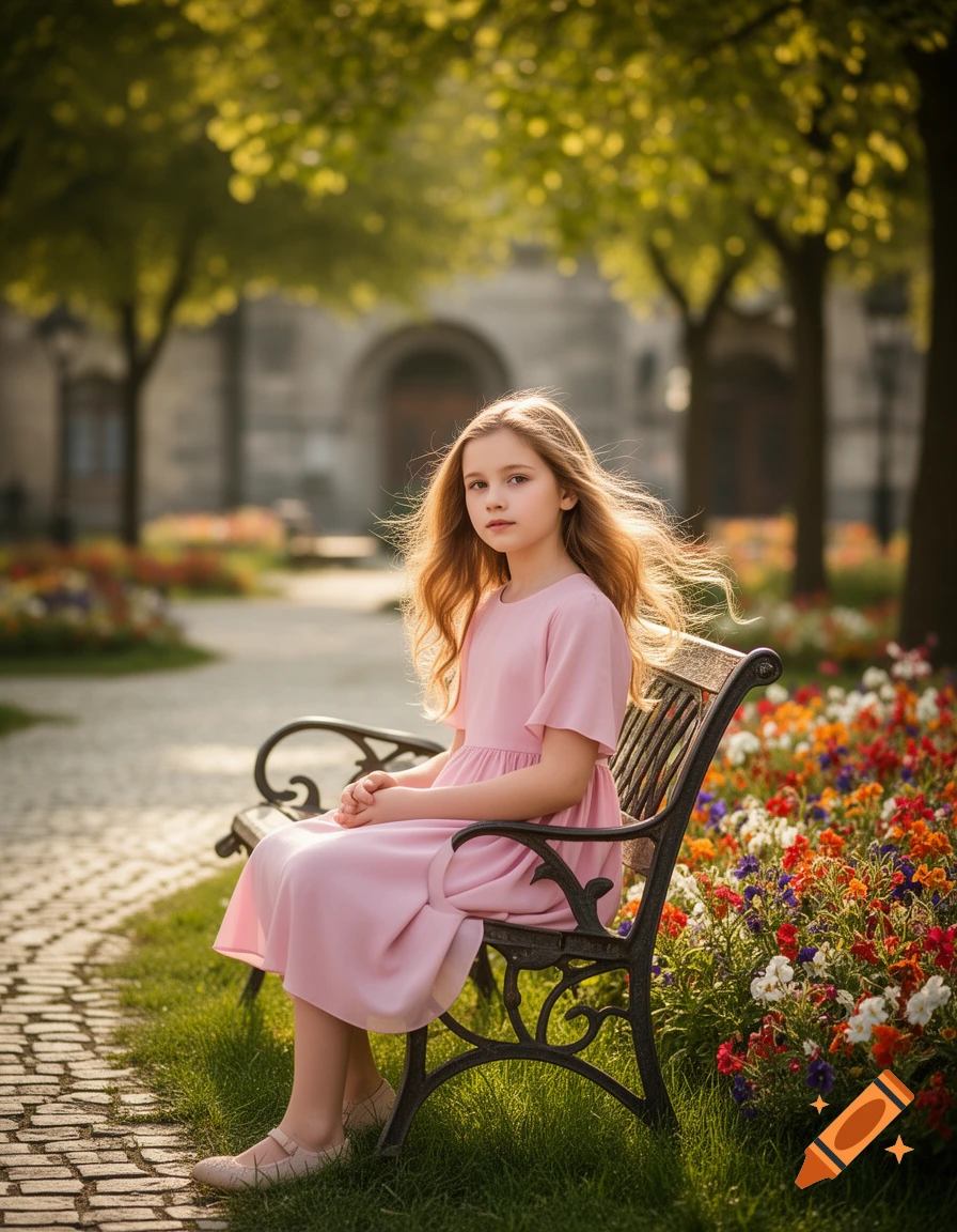 A young girl with long, wavy blonde hair sits on a black metal bench in a sunlit park, surrounded by colorful flowers and green grass. She wears a pink dress and light-colored shoes, looking towards the viewer.