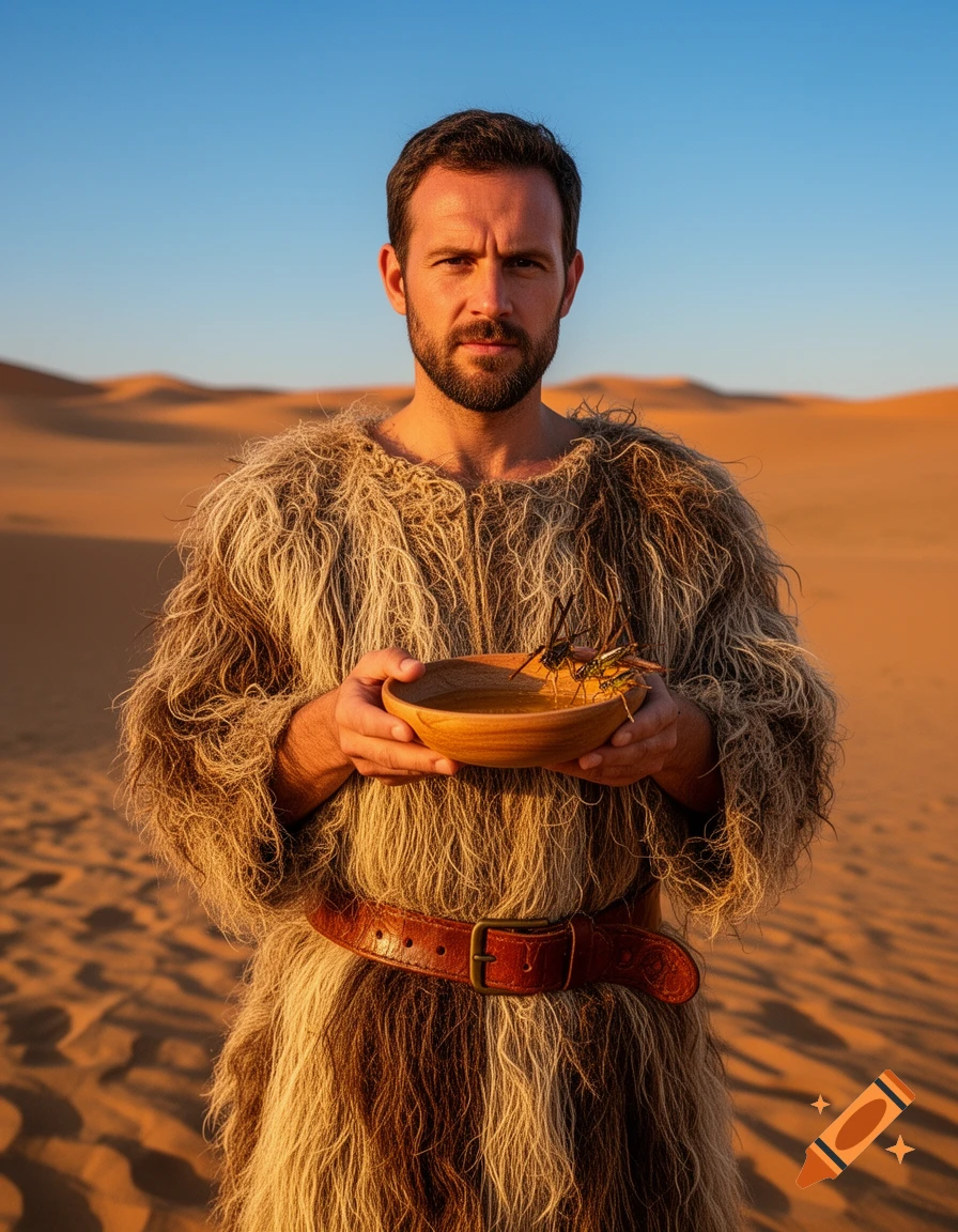 A bearded man in a shaggy garment and leather belt holds a bowl of locusts and honey, standing in a desert landscape.