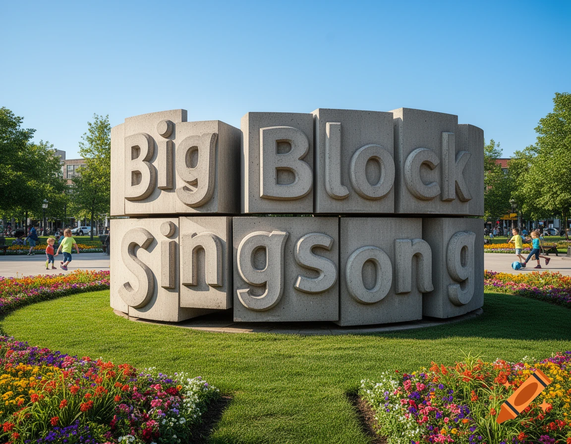 A large outdoor concrete block sculpture spells "Big Block Singsong" in a park with colorful flowers and green grass under a blue sky.