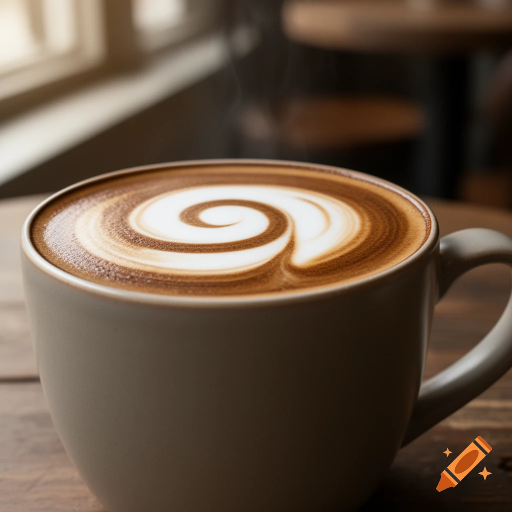 Close-up of a ceramic coffee cup filled with hot coffee, featuring a swirling latte art design in white milk foam. The setting is a cozy cafe with warm natural lighting.