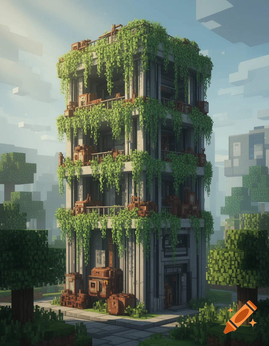 A tall, slender four-story Minecraft building overgrown with green vines and surrounded by rusty blocky objects.