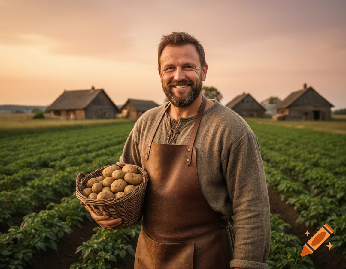 A smiling bearded farmer in an apron holds a basket of potatoes in a field at sunset, with farmhouses in the background.