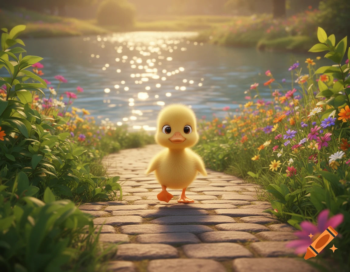 A fluffy yellow duckling walks on a cobblestone path next to a sparkling lake with colorful wildflowers, in a cute 3D animation style.