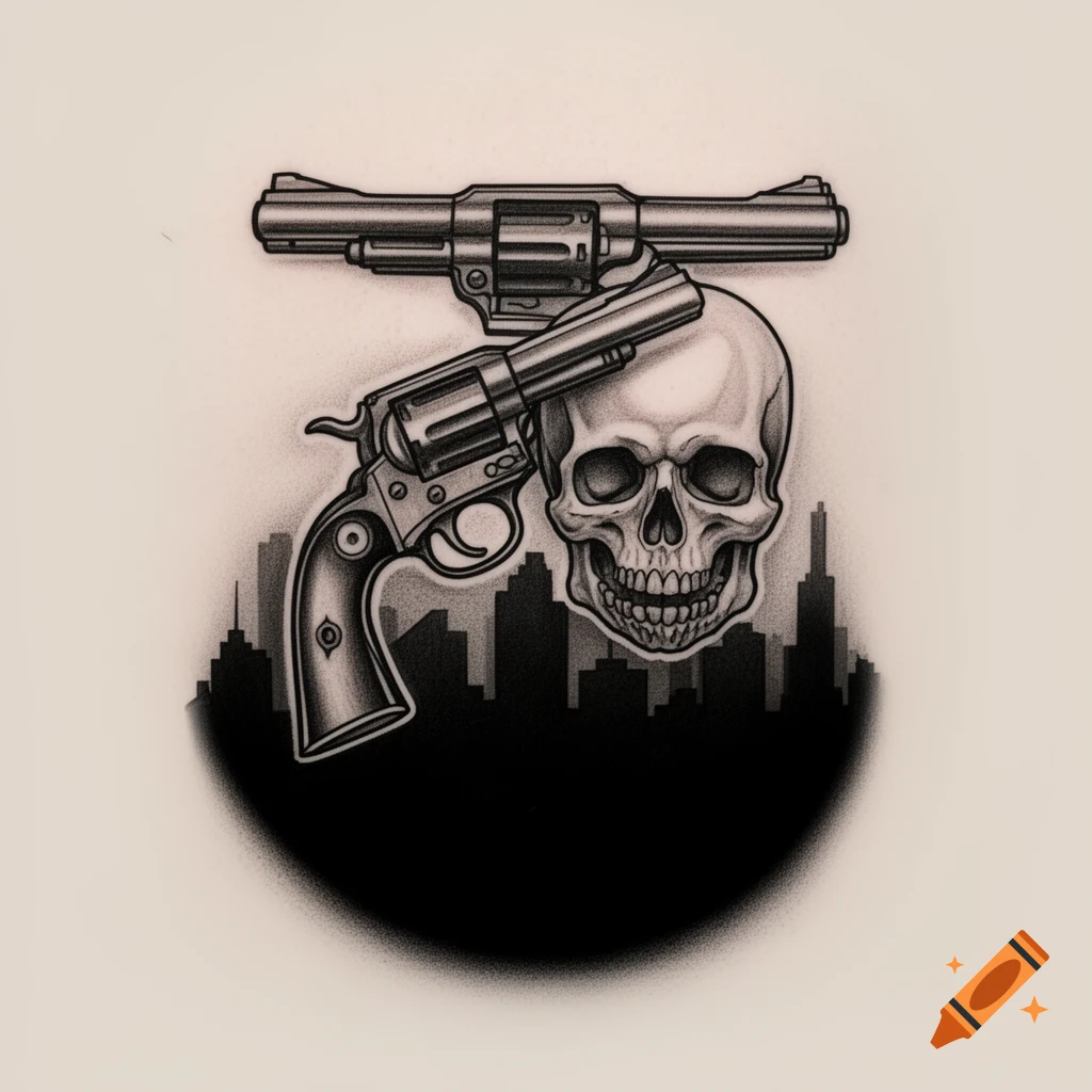 Stylized black and grey tattoo design featuring two revolvers and a skull atop a city skyline silhouette.