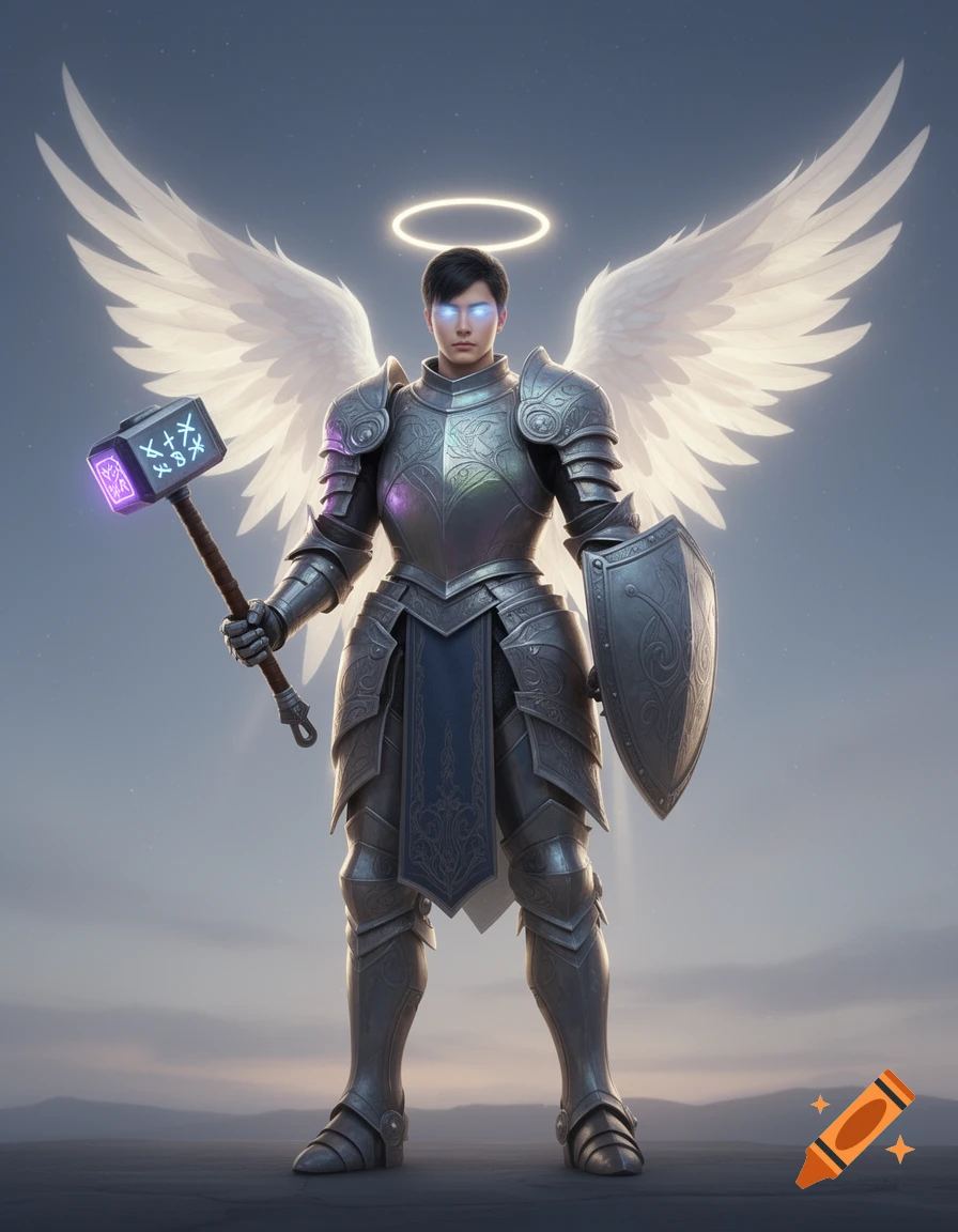 An armored warrior with large white wings, a glowing halo, and blue glowing eyes, holding a glowing hammer and shield.