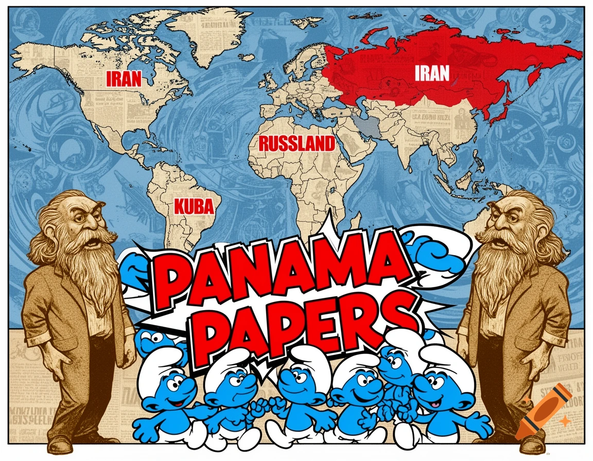 Political cartoon featuring a world map, two Karl Marx-like figures, Smurfs, and the text 'Panama Papers', 'Iran', 'Russland', 'Kuba'.