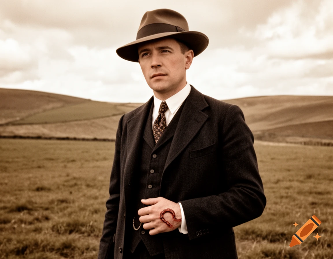 A man in a 1920s suit and fedora stands in a sepia-toned field, a shepherd's crook scar visible on his left hand.