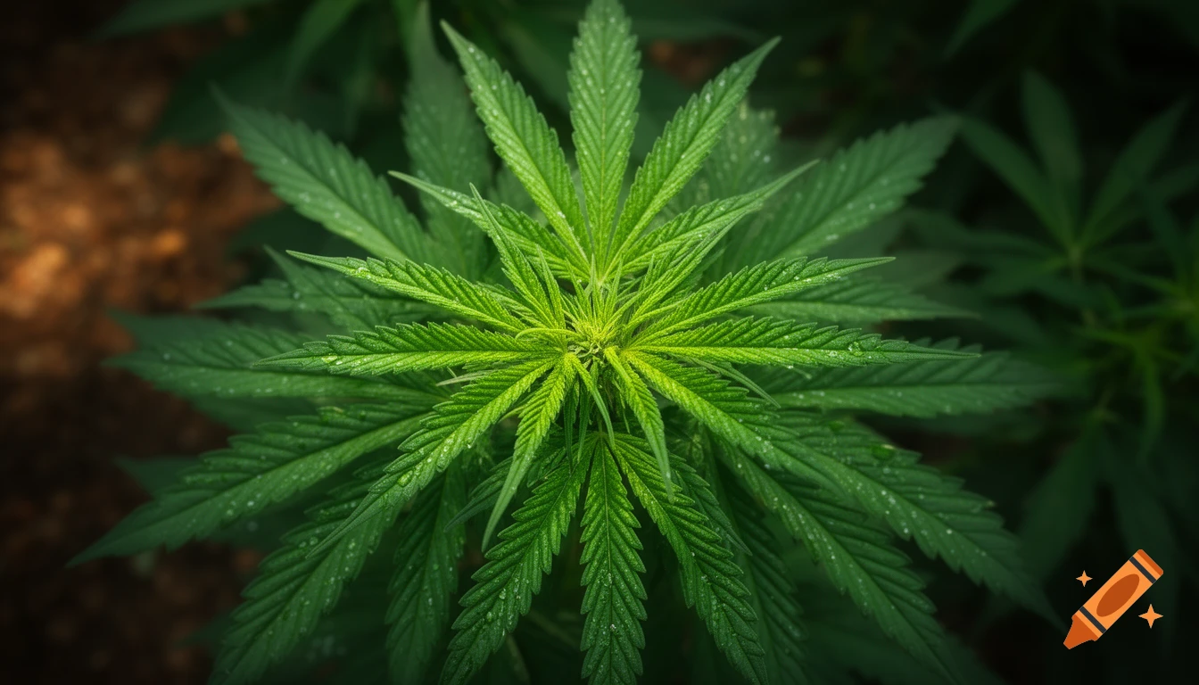 Close-up, overhead view of a vibrant green cannabis plant with water droplets on its serrated leaves, blurred background.