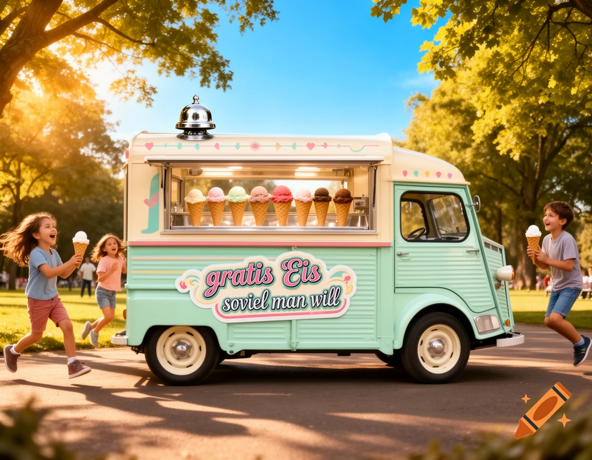 Happy children run with ice cream cones next to a vintage ice cream truck in a sunny park.