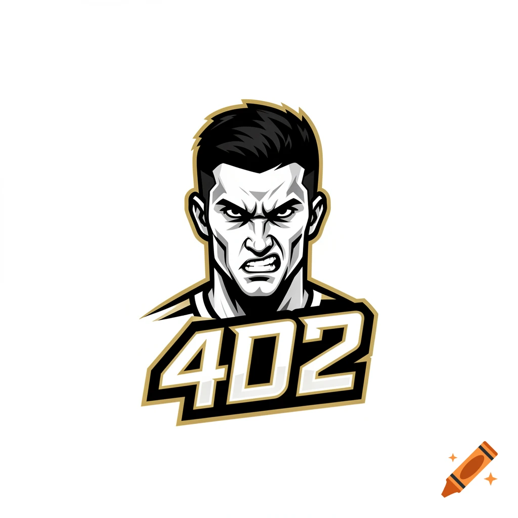 A black, white, and gold vector art logo of an aggressive male face with "402" boldly written underneath, in a modern esports style.