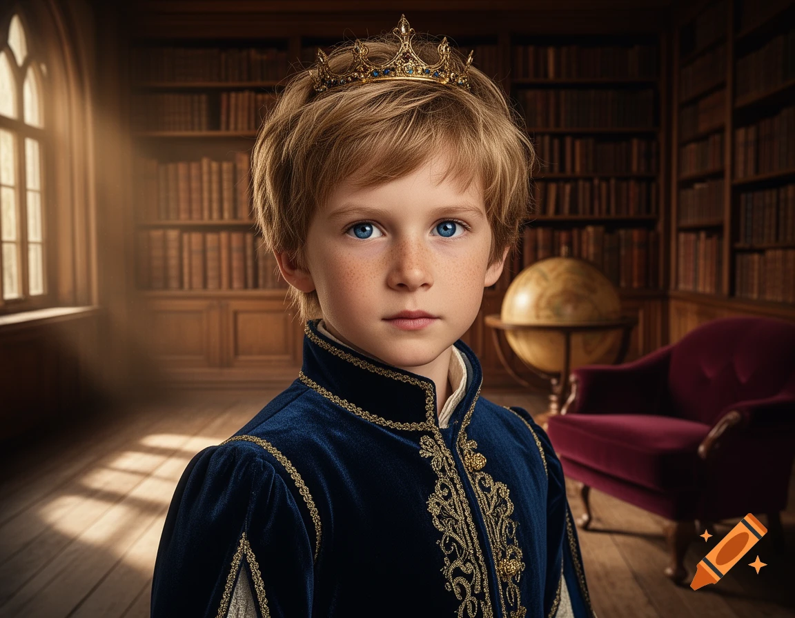 A young boy with blue eyes and freckles, wearing a blue velvet prince's outfit and a gold crown, stands in a library.