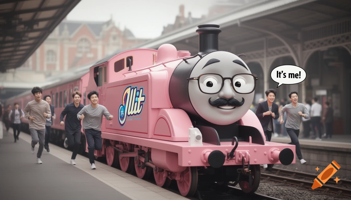 A pink Thomas the Tank Engine with an Asian man's face, mustache, and glasses, displaying an "Illit" logo, races alongside several running men at a train station. A speech bubble says "It's me!"