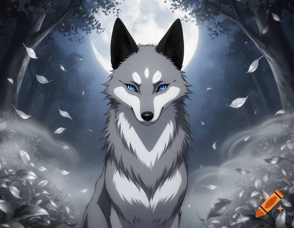 An anime-style gray wolf with piercing blue eyes sits in a dark forest under a full moon with white leaves falling.