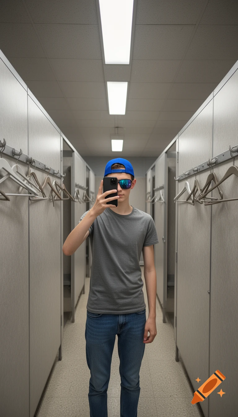 A young man in a blue cap and sunglasses takes a phone selfie in an empty changing room.