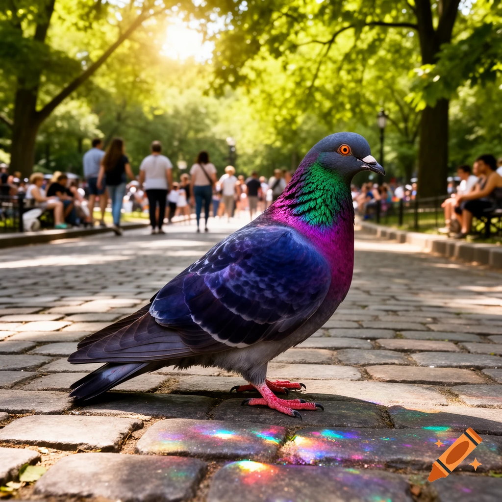 A vibrant, iridescent pigeon stands on a cobblestone path in a sunny park, with blurred people in the background.