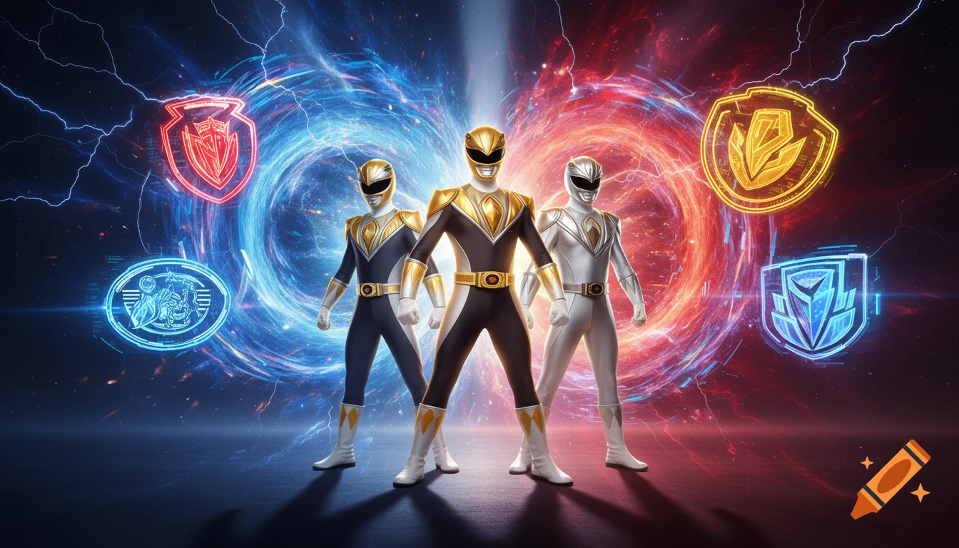 Three Power Rangers-like figures in gold, black, and silver suits stand heroically against a dynamic cosmic background of swirling red and blue energy vortexes and lightning, with glowing emblems.
