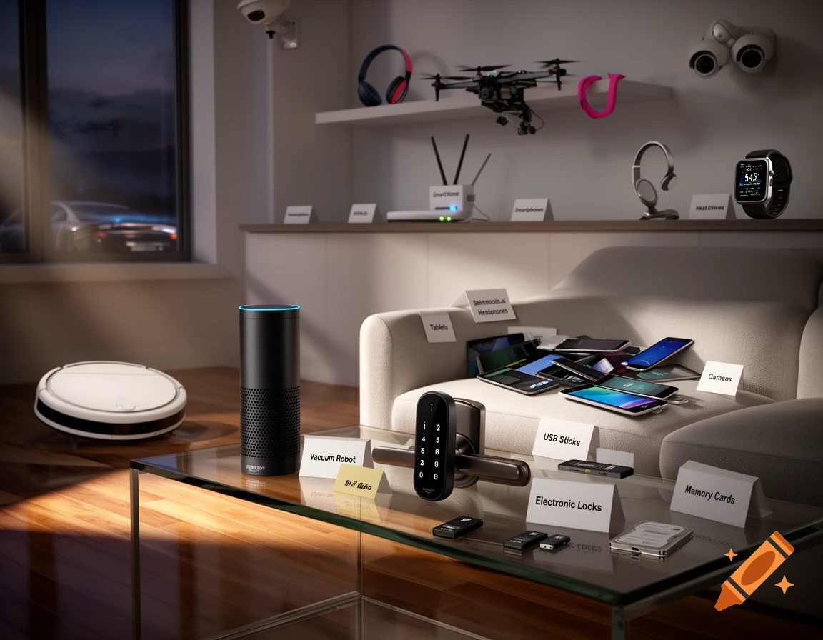 A photorealistic image of a living room filled with various smart home devices and electronics, including a robot vacuum, smart speaker, smartphones, tablets, and surveillance cameras, with some items labeled.