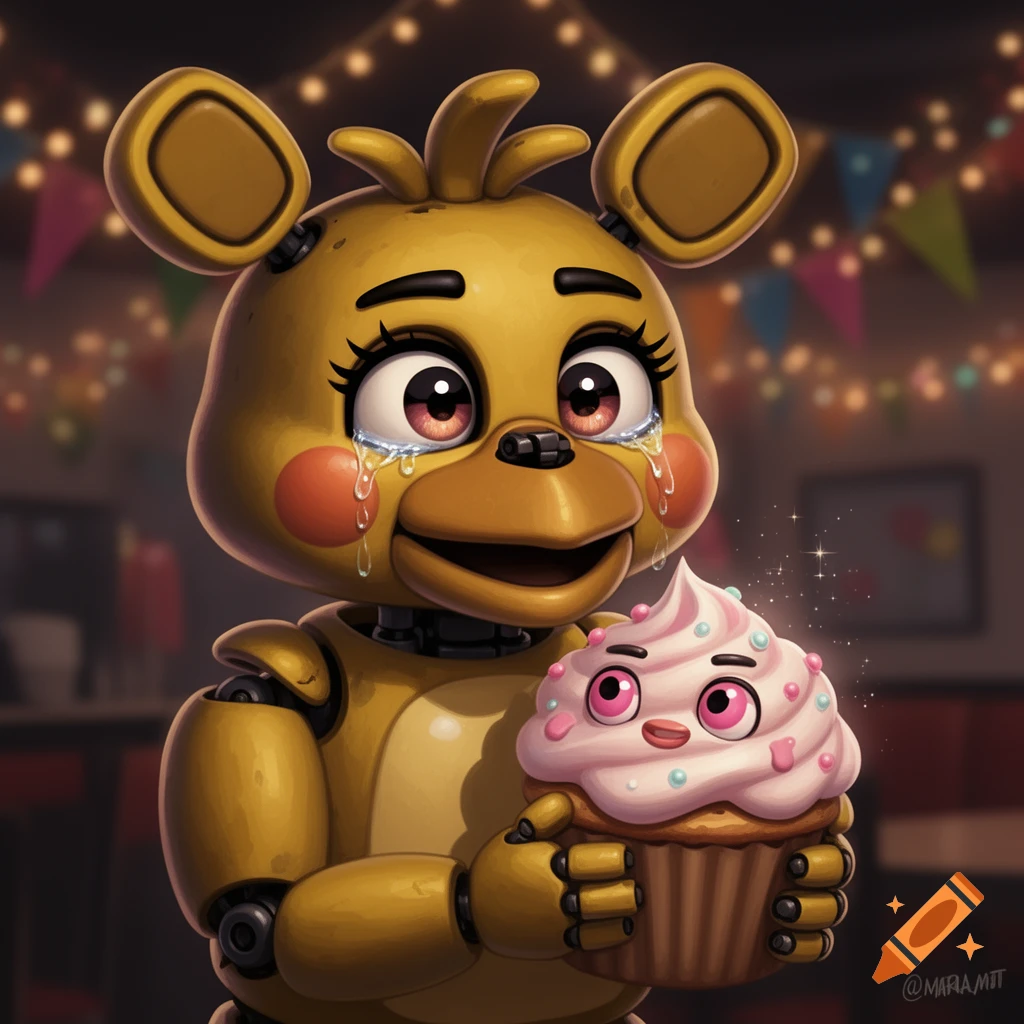 Cartoon Chica from FNAF, a yellow animatronic chicken, cries tears of joy while holding a smiling pink frosted cupcake.