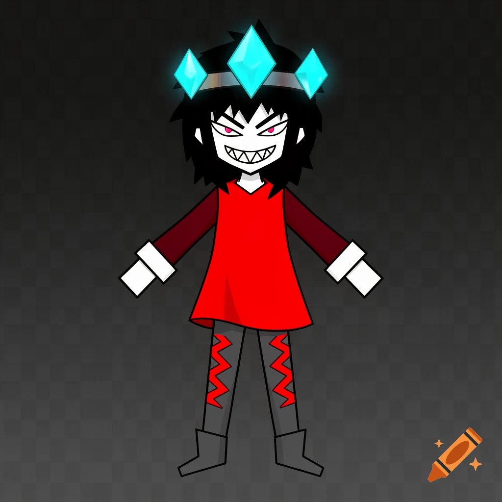 A stylized cartoon character with black shaggy hair, a cyan diamond crown, red eyes, sharp teeth, a red tunic, and gray pants with red accents, on a dark checkered background.