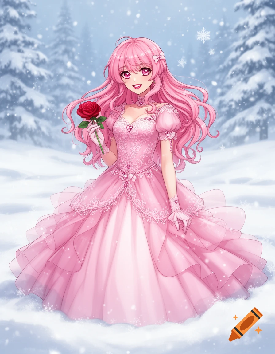 Anime girl with pink hair and heart-shaped eyes in a pink princess dress, holding a red rose in a snowy forest.