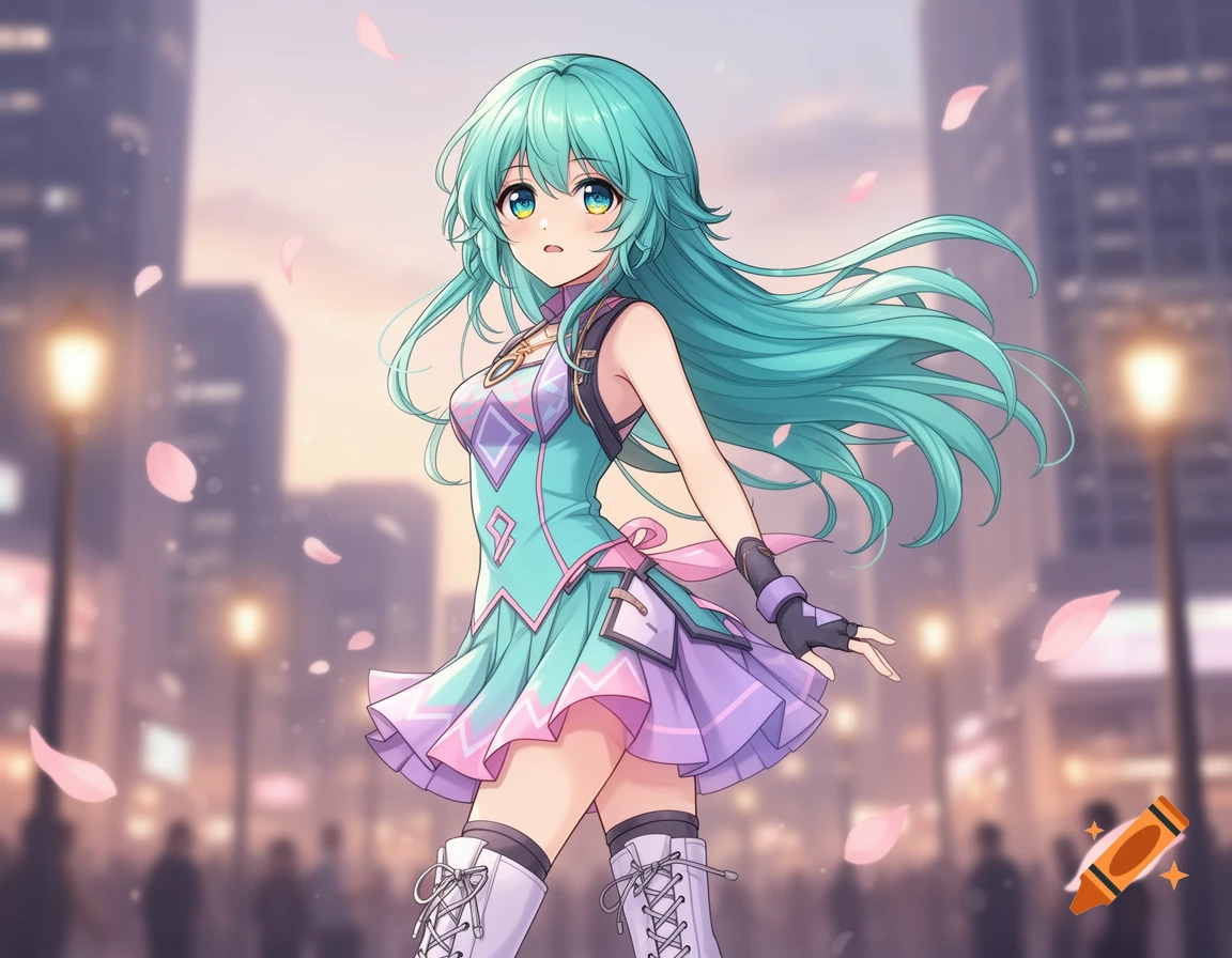 Anime girl with aqua hair in a colorful outfit walks on a city street with falling pink petals.