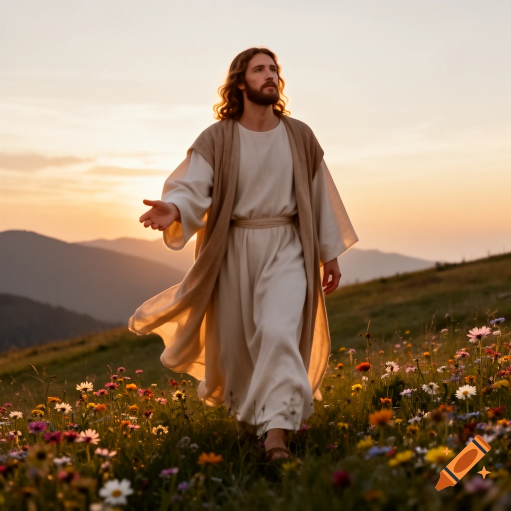 Jesus, with long hair and a beard, walks through a vibrant field of wildflowers at sunset, looking up. Mountains are in the background.