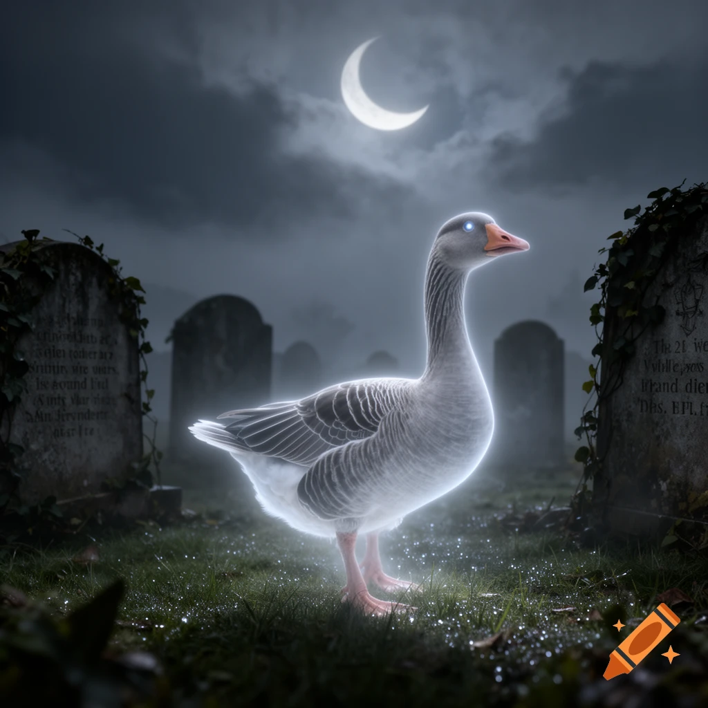 A glowing, ghostly goose stands in a misty graveyard at night under a crescent moon, with old gravestones visible.